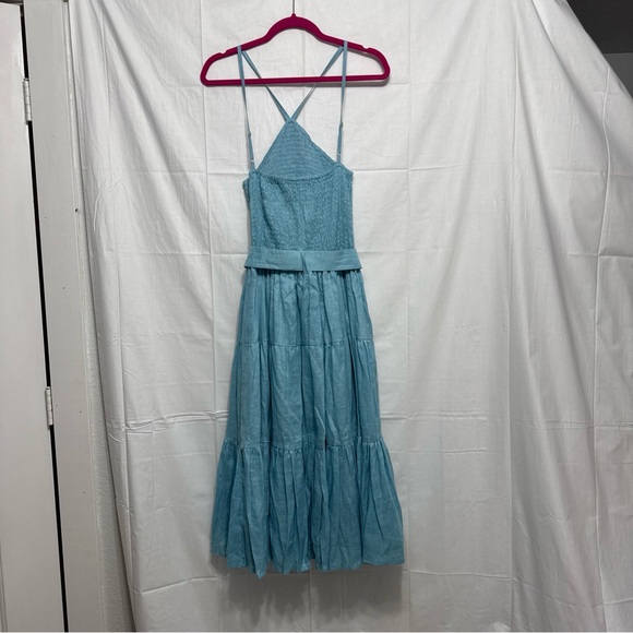 NWOT Lusana light blue linen dress midi ruched belted lined women’s size 8 - Picture 3 of 7
